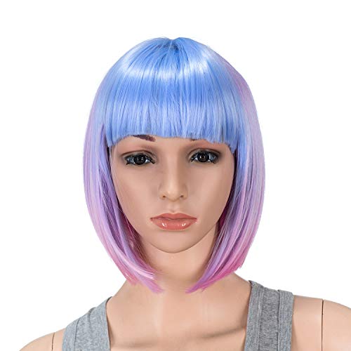 SWACC 10 polegadas azul ombre rosa Multi-Color Wig Bob Straight Straight With Bangs sintéticos Cosplay colorida Diário Flapper peruca para mulheres e crianças com tampa de peruca