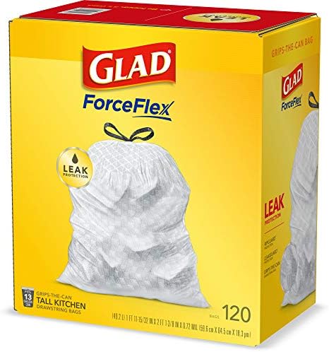 Glad® ForceFlex Alto de cozinha de cordão de lixo de cordão - bolsa de lixo branca de 13 galões, sem perfume - 120 contagem