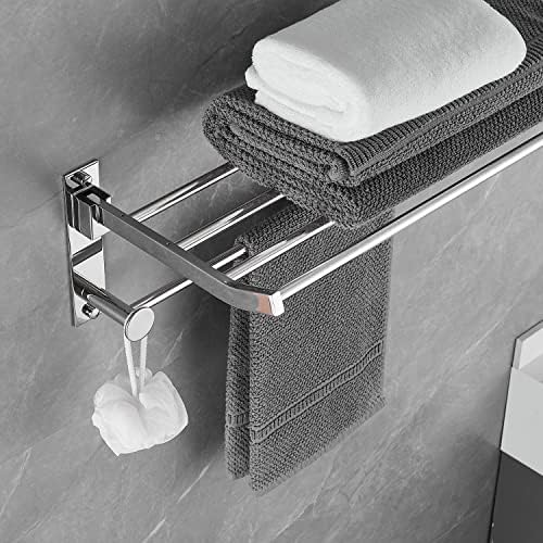 JUNSUN TOLHA dobrável Rack com barra de toalha aço inoxidável Cromo polido Cromo multifuncional prateleira de banheiro Hardware Toalheiro