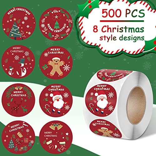 MURANANA 500PCS Tags de Natal redondos, adesivos de feliz natal Roll 1,5 '' Santa Claus Fita de adesivos, 4 projetos de rótulo