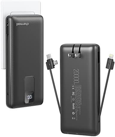 Charmast Charger portátil com cabos embutidos e plugue de parede CA 20000mAh, 20W PD 18W QC 3.0 Bateria de bateria de potência de carregamento rápido compatível com iPhone 14/13, Samsung Galaxy, iPad e muito mais