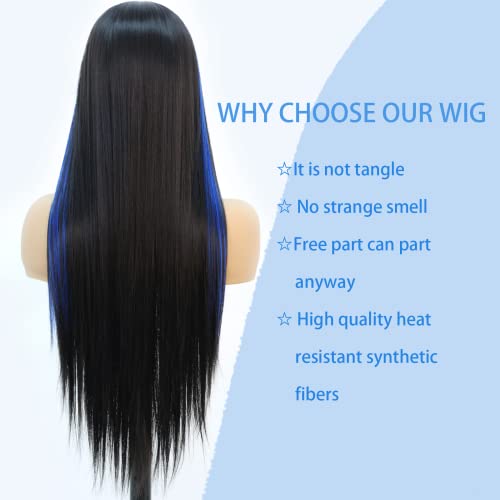 Fugady Blue Highlight peruca longa renda reta peruca preta e azul Lace sintética Perucas dianteiras para mulheres negras