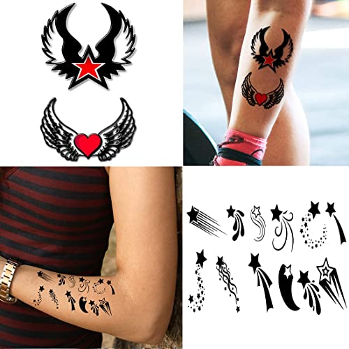 Pacote de Voorkoms de 10 PCs asas impermeáveis ​​temporárias com Star Love Heart Combo Pack Tattoo Adesol para adultos,