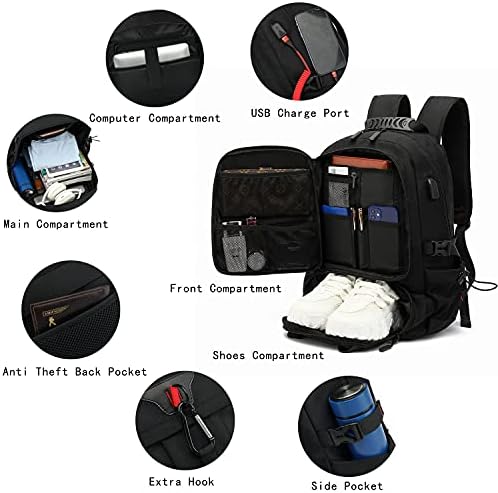 Mochila de viagem insunte de 19,3 polegadas para masculino com laptop e compartimento de sapatos, mochilas de computador com