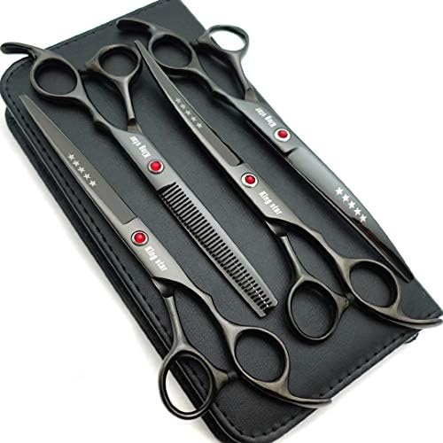7.0in Titanium Black Professional Pet Helfing Scissors Conjunto, Straight & Rainning & Curved Scissors 4pcs Conjunto