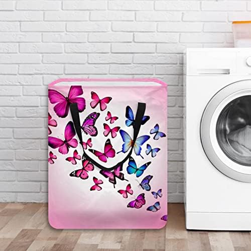 Cesto de lavanderia dobrável de borboleta rosa, cestas de lavanderia à prova d'água de 60l de lavagem de roupas de roupas de roupas de roupas para o dormitório quarto do banheiro