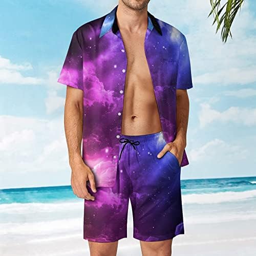 Linda galáxia Homem 2 peças Hawaiian Set Button-Down Sleeve Shirts Calças de praia Loose Fit Tees