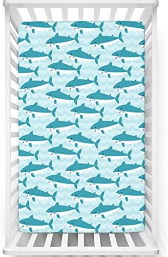 Baby Tubarão com tema Mini lençóis de berço, lençóis portáteis de mini berço de berço, lençóis de berço de fabricantes de material macio para menina ou menino, 24 “x38“, azul-marinho azul pálido azul e branco azul e branco