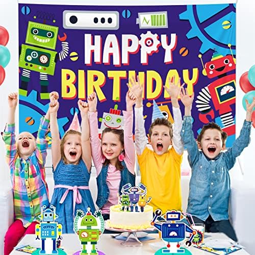 Robô Birthday Party Background, material de festa de aniversário de meninos, banner de mesa de bolo com tema de robô de desenho