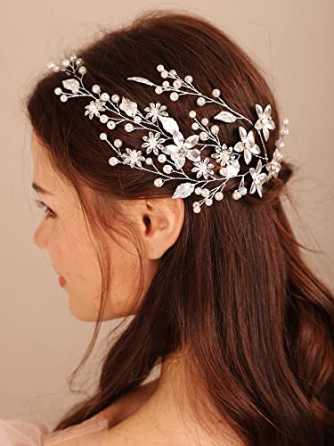 Kercisbeauty Casamento Bridal Silver Head Band Flower and Pearl Hair Piece Boho Acessório para mulheres e meninas