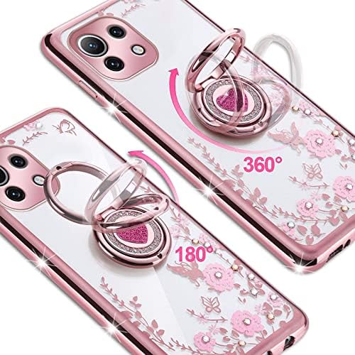 Caixa de telefone para Xiaomi Mi 11 Lite, Mi 11 Lite 5G Case para mulheres Glitter Crystal Bling Butterfly Heart Floral