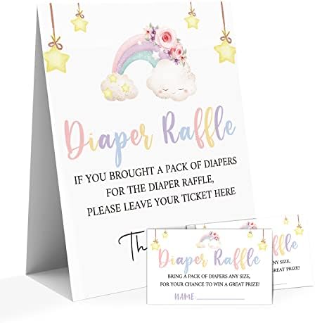 Rainbow Floral Baby Shower Game, fraldas de fraldas de bebê signa em pé e 50 ingressos, festa de sexo, festa de chá de bebê suprimentos de decorações -âniaolc013