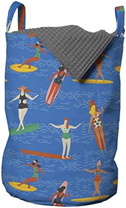 Bolsa de lavanderia de surf de Ambesonne, mulheres surfistas em biquíni em ondas marinhas Art Deco Padrão de atividade de verão Hobby, cesta de cesto com alças fechamento de cordão para lavanderia, 13 x 19, multicolor