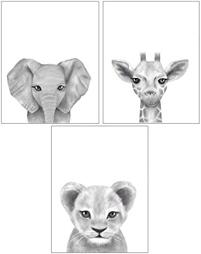 Conjunto de 3 bebês Safari Animal Rustic Nursery Decor | 11 x14 | Baby Giraffe, Leão e Elephant Safari Animal Wall Arte