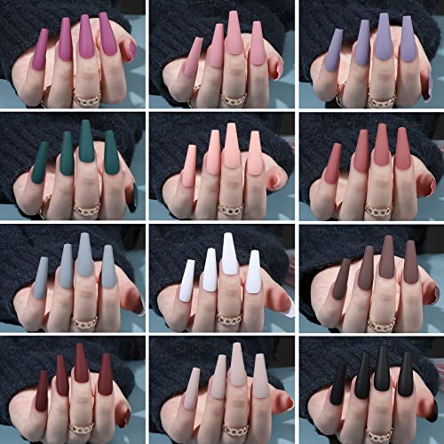 Pressione fosca em pregos Long Coffin, Fandamei 12 Cor 240pcs Capa completa Ballerina longa unhas falsas, acrílico falsas dicas de unhas com cola de unha de 10g, 12 coloração sólida unha falsa para mulheres garotas unhas arte diy