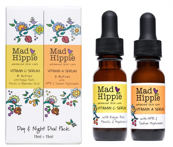 Conjunto de cuidados com a pele hippie louca, pacote duplo diurno e noturno inclui 1 - soro de vitamina C com vitamina E e 1 -