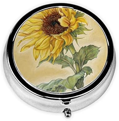 Art Sunflower Round Pill Box -3 Organizador de remédios para comprimidos do compartimento, caixa de comprimidos portátil