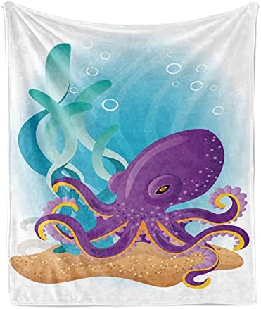 Cobertor lunarable marinho, polvo no fundo do mar debaixo d'água com estampa de aquário de recifes de coral, lã de flanela capa de sofá macia para adultos, 60 x 80, areia marrom azul -céu marrom azul