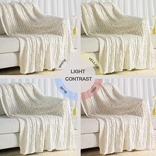 Cobertor de tricô de cabo carregado para sofá, malha macia tecido chenille cobertores para cadeira quente e aconchegante fazenda leves lances decorativos para cama e sofá, 50 x 60 Branco de creme de tamanho