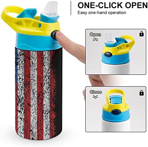 Garrafa de água infantil, bandeira de água com bandeira americana aço inoxidável com palha, fácil e prova de vazamento