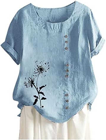 Blusa feminina de manga curta de linho de linho de algodão Floral Graphic Casual Top camiseta para meninas Summer Summer outono LG LG