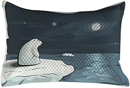 Ambesonne Winter acolchoado na capa, estilo de desenho animado puxado à mão Polar Bear no Ártico olhando para a impressão da imagem da lua, capa de travesseiro de sotaque queen size padrão para quarto, 30 x 20, branco azul