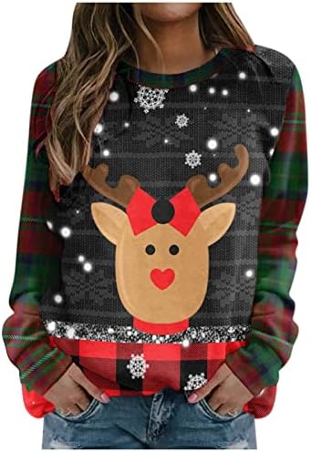 Natal de manga comprida moletom para mulheres Pullover de rena fofo Top Glitter Xmas Tree Elk Plaid Crewneck Tunic Shirt