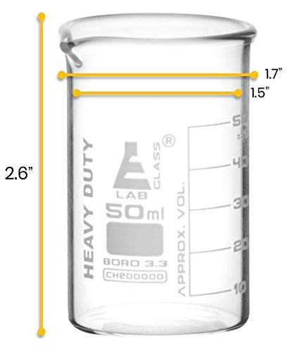 Beaker pesado, 50ml - 5 mm de espessura, paredes uniformes - durabilidade superior e resistência química - graduações brancas - borossilicato 3.3 vidro - Eisco Labs