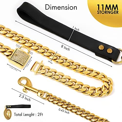 Lux Pet Dog Collar Bling Cz Fivele com coleira de 2 pés, link cubano 14mm forte comprovante de mastigação para cães gatos