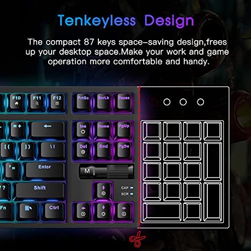 Reccazr Tk18 TKL Teclado de jogo mecânico RGB Rainbow Liting de teclado com fio compacto com controlador de rolos e anti-Ghost