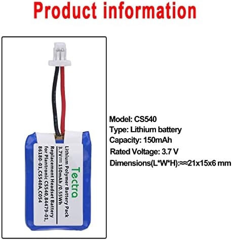 TECTRA CS540, C054 Bateria de substituição, 84479-01, 86180-01 Bateria para Plantronics CS540, CS540A, fones de ouvido sem