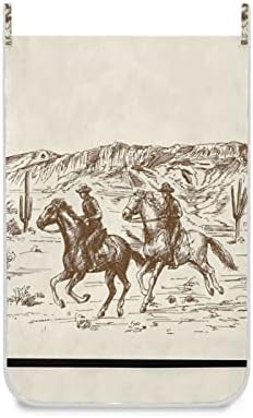 Mão desenhada marrom -marrom American Wild West Desert Horse com cowboy pendurado na roupa de lavanderia, bolsa de roupas sujas sobre a porta, cesta de pano de parede com ganchos de armazenamento para o quarto do banheiro