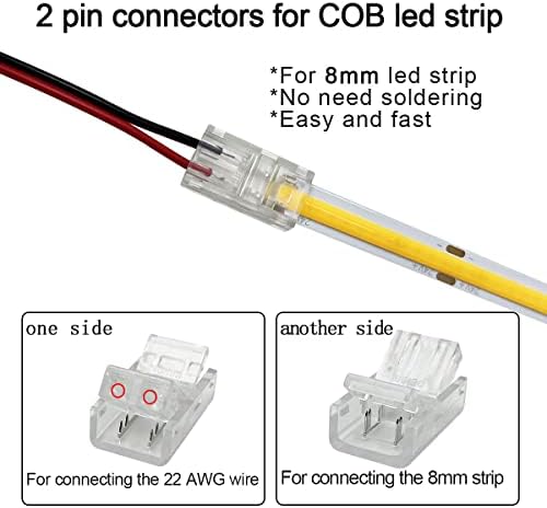 Hamrvl 12 pacote de 8 mm Conectores de luz LED de led 2 pinos, faixa LED para fio de iluminação de pista transparente sem soldas conexão com o cabo de extensão do fio de LED de 6m/19,68 pés para fita LED branca 12/24V