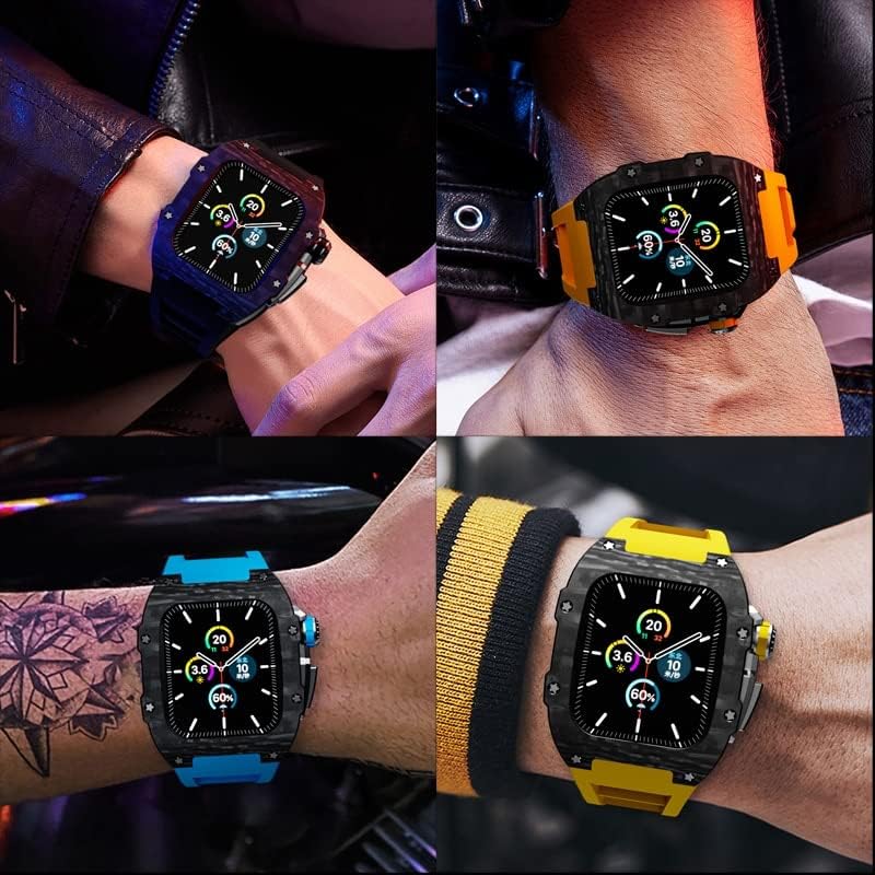 NEYENS Real Carbon Fiber Case Kit para Apple Watch Series 7 6 SE 5 4 Caixa de aço inoxidável+alça de borracha para Iwatch