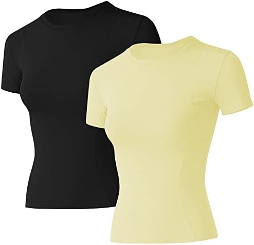 Camisas de treino de mulheres loovoo 2 pacote de manga longa, compressão atlética de manga curta Tops de academia de