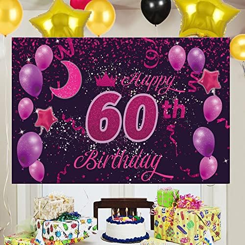 Doce Feliz Aniversário de 60 anos Banner Poster 60 Decorações de festa de aniversário 60º material de festa de aniversário 60º photo fundo para meninas, meninos, mulheres, homens - rosa roxo 72,8 x 43,3 polegadas