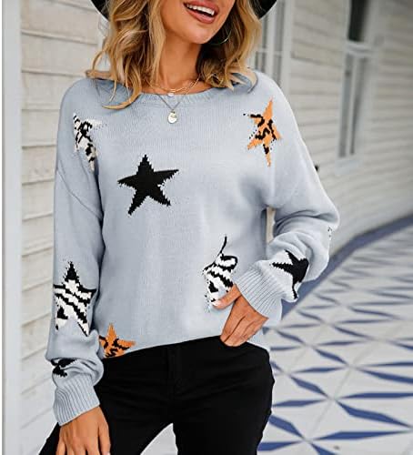 Suéter de moda rmxei Ladies Roundneck estrelas de manga comprida malha de malha de suéter