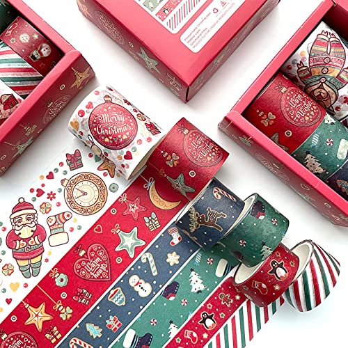 Fita de natal washi, 6 rolos 4 tamanhos fita adesiva de chapas para embalagens de presente, diy artesanato scrapbook diário 1.6in, 1.2in, 0,8in e 0,6in, fita de natal verde vermelho