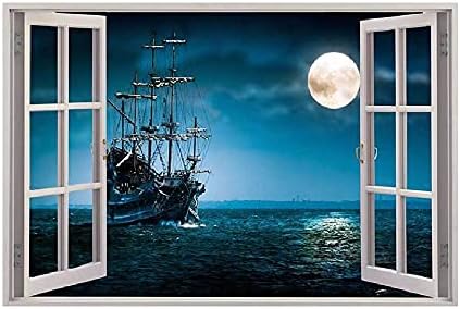 Yowocal 3D Janelas falsas adesivos de parede, piratas removíveis Navio barco Oceano Lua Faux Windows Decalques de parede