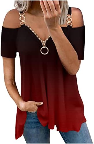 Tops femininos Moda de manga curta Camisas de ombro frio sexy Camiseta casual, Blushs de decote em V Zipper de Túnica Ombre Soly Fit