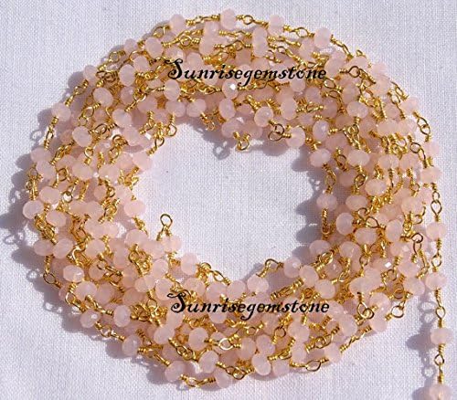 DevGemsandJewels 5 pés Rose Quartz calcedony 3,50 mm 24k Fio de arame banhado a ouro embrulhado em cadeia de link de miçangas.