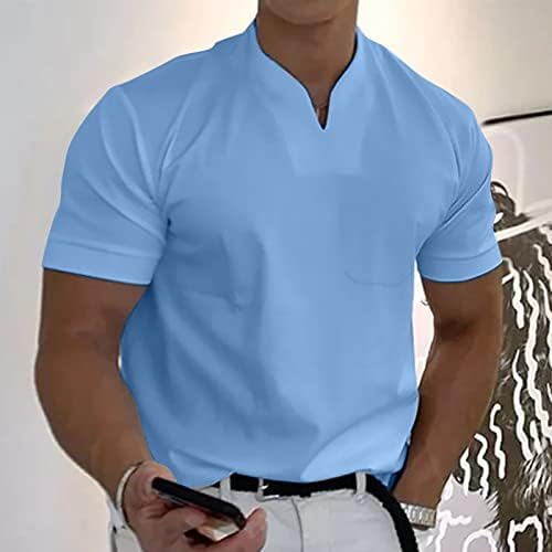 T-shirts de manga curta casual masculinos de pescoço sólido em pescoço com bolsos fit slim sports fitness treinamento