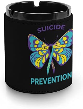 Consciência de prevenção de suicídio Ribbon Butterfly couro de cigarro de cigarro cinzeiro portátil portátil bandeja de cinzas fumantes para o escritório do pátio e casa