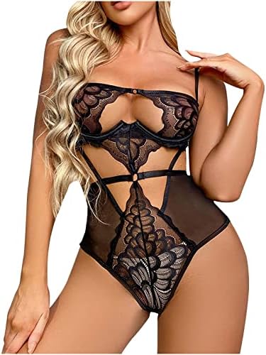 Mulheres Sexy Deep V Halter Lingerie Hollow Out Mesh Teddy Babydoll One Piece Floral Lace Mini Bodysuit