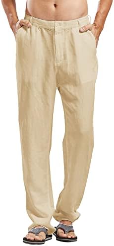 Calças de linho masculinas de Yasiter solto cintura elástica reta perna reta Casual de ioga de ioga leve com bolsos