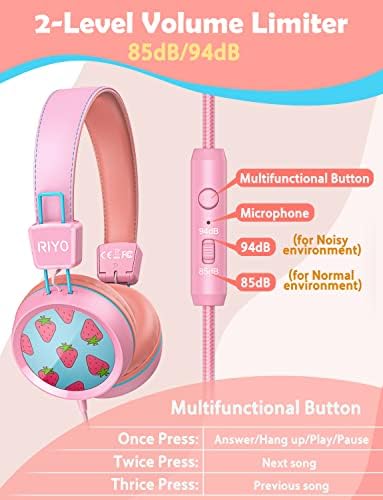 Riyo Kids fones de ouvido com fones de ouvido com fio de microfone com volume de 85dB/94dB Limited 3,5 mm de fones de ouvido estéreo
