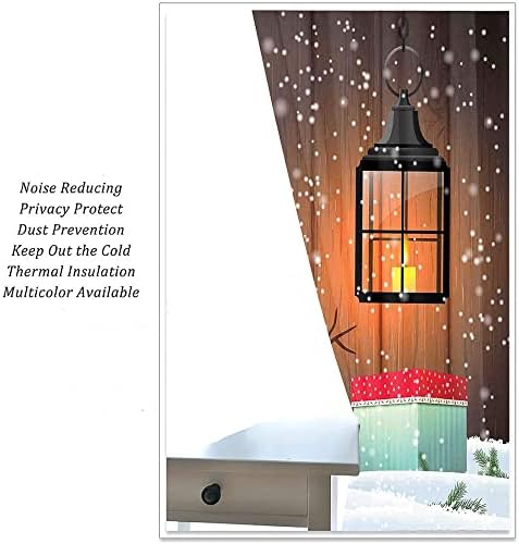 Isolamento de calor de Blackout de Natal, boneco de neve com chapéu de Papai Noel no jardim com uma caixa de presente e imagem de desenho animado, cortinas de blecaute som para sala de jantar/decoração de festa, W52 x L72 polegada Branco Branco Marrom