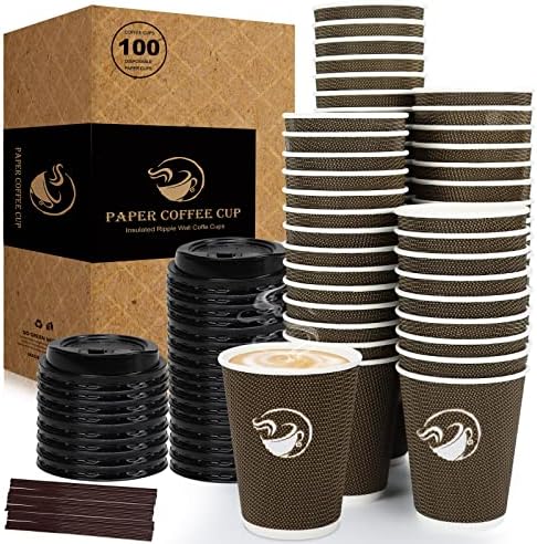 Xícaras de café descartáveis ​​com tampas e palhas12 oz, xícaras de papel de papel de papel isolado premium xícaras de café 12 oz com tampas e palhas, xícaras de bebidas quentes, xícaras de café para lojas, cafés