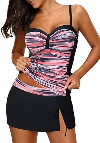 Yonique Womens Tankini Swimsuits com saia de duas peças Ruched Bathing Suits Push Up Swimwear XS-XXL