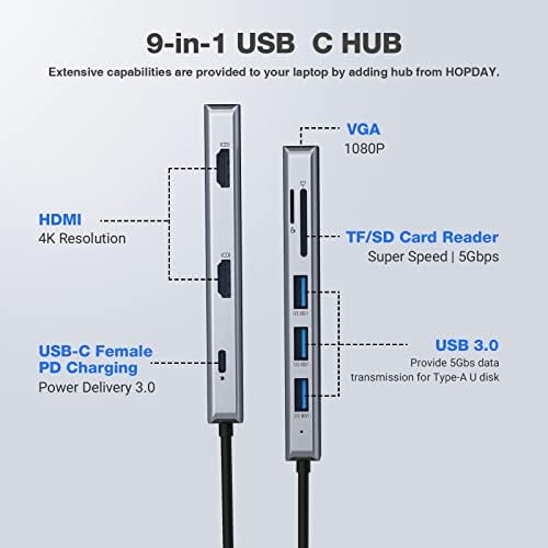 Hopday USB C Hub, 9 em 1 USB C Docking Station Triple Display Usb 3.0 Hub com 2 HDMI, VGA, 3 USB 3.0.100W PD, leitor